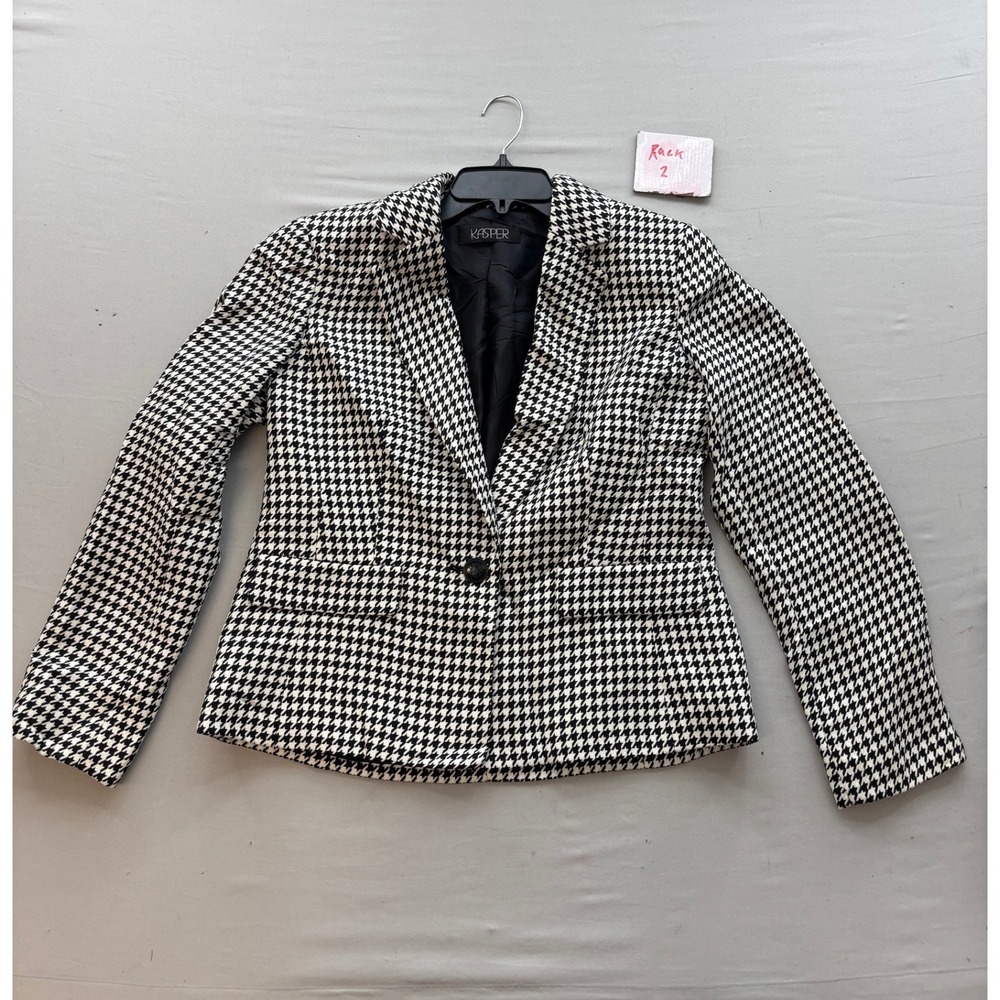 Kasper Houndstooth Blazer Black White Faux Suede Elbow Patches Single Button